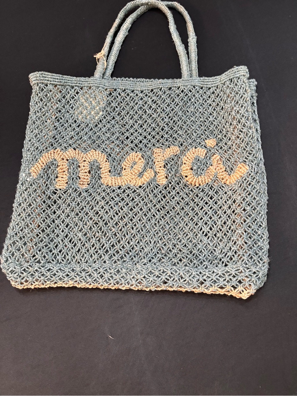 JACKSON Crochet Jute Tote in light Blue with Natural Lettering - Picture 8 of 13